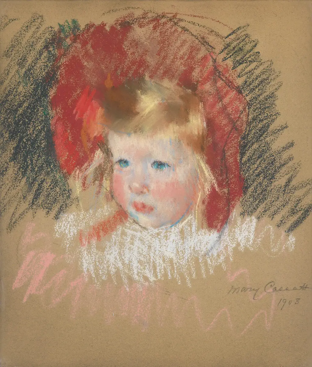 Head of a Child with a Red Hat in Detail Mary Cassatt